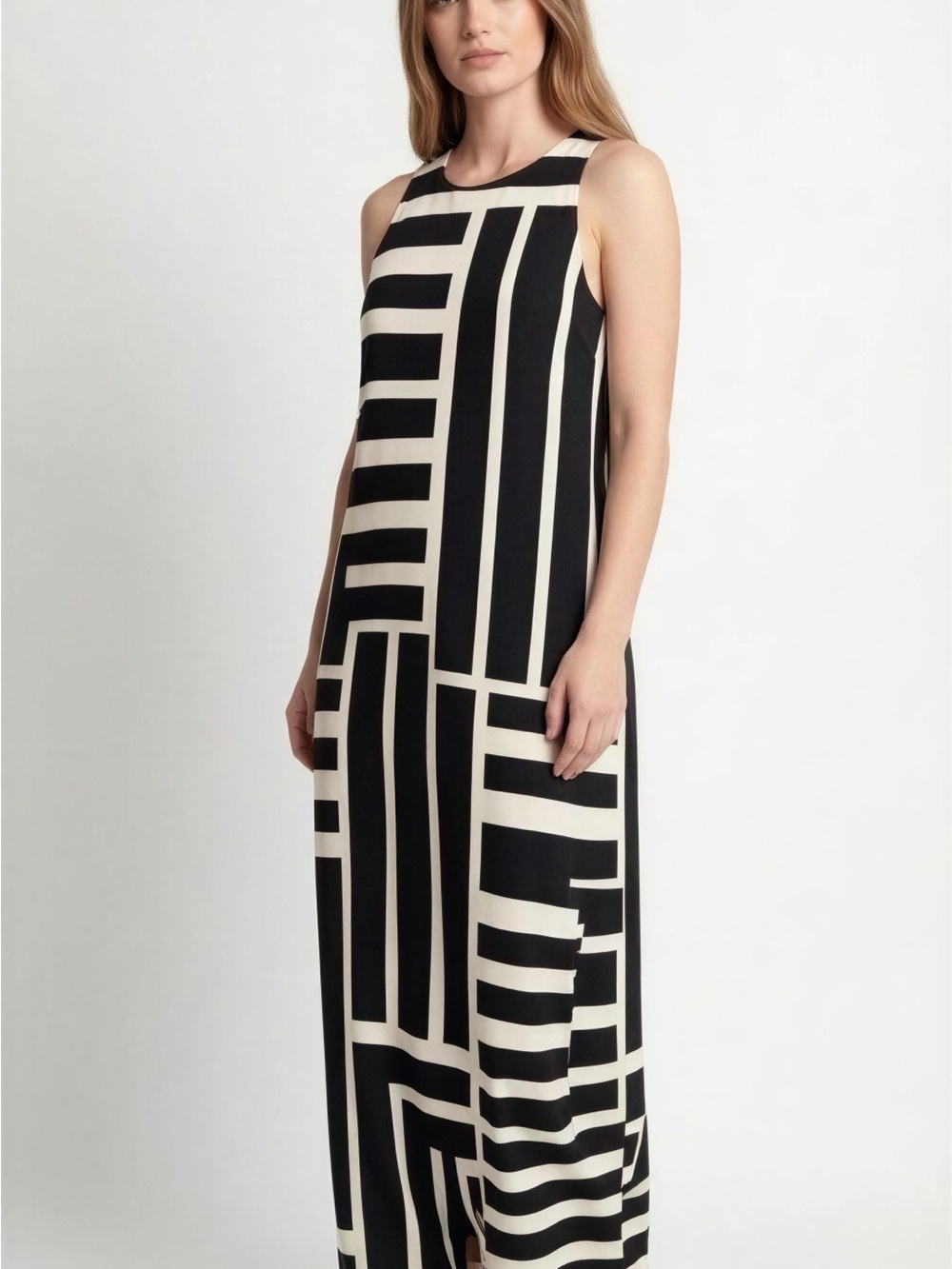 Donna Morgan NWT Cream and Black Striped Sleeveless Maxi Dress Size 14